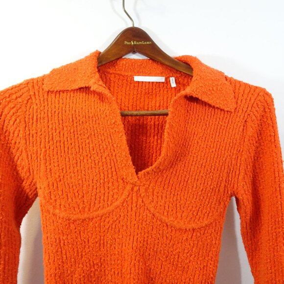 Helmut Lang Orange Sweater V-Neck Collared Bodycon Nubby Size S Textured Sexy - Picture 2 of 8